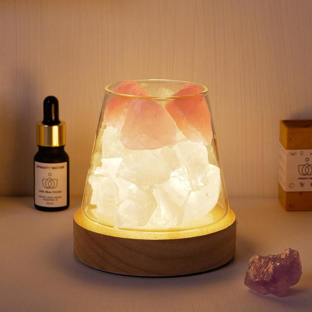 Runyangshi Rose Quartz Clear Quartz Night Lamp Natural Healing Crystal Atmosphere Lamp with Remote Control Bedside USB Port 7 Colours Dimming Mode Bedroom Lamp Home Decor Gift