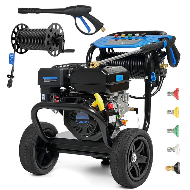 GasXcel 3600PSI Gas Pressure Washer, 212CC 2.3 GPM Gas Powered Pressure Washers with Soap Tank, 30FT Hose with Reel, 5 Quick-Connect Nozzles, Axial Pump, Heavy Duty Gasoline Power Washers for Car