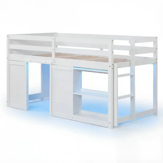 Costway Twin Size Loft Bed w/ LED Lights 2 Doors Underbed Space & Shelves for Kids White