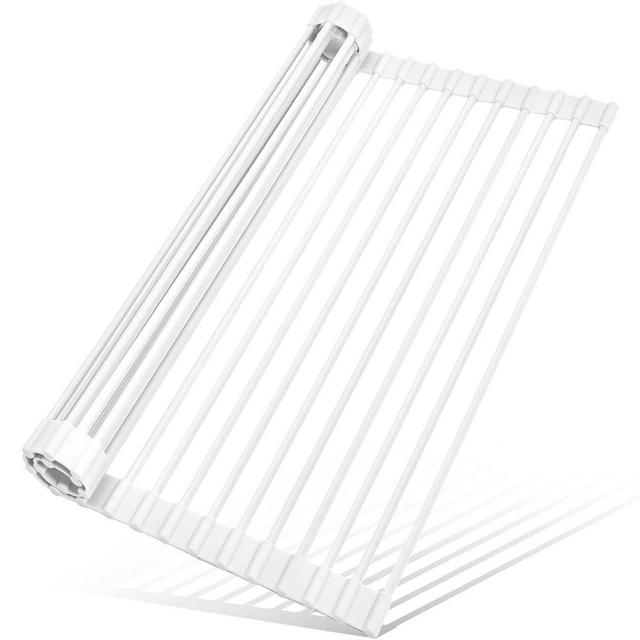 MERRYBOX Roll Up Dish Drying Rack, Silicone Wrapped Over The Sink Dish Rack Foldable Dish Drainer Anti-Slip Dish Racks for Kitchen Counter, Multipurpose Kitchen Sink Drying Rack, 18" x 13", White