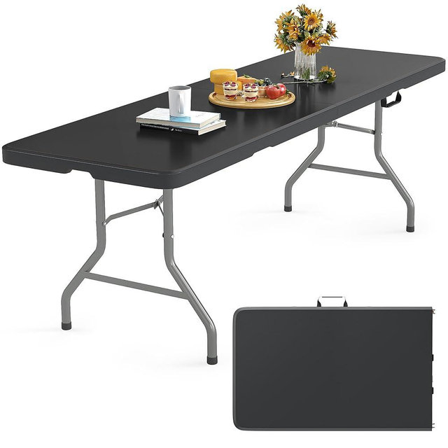 RUIE 8 Foot Folding Table with Carrying Handle, HDPE Foldable Table Indoor Outdoor Heavy Duty Portable Plastic Table, Folding Tables for Picnic Camping Party, Black