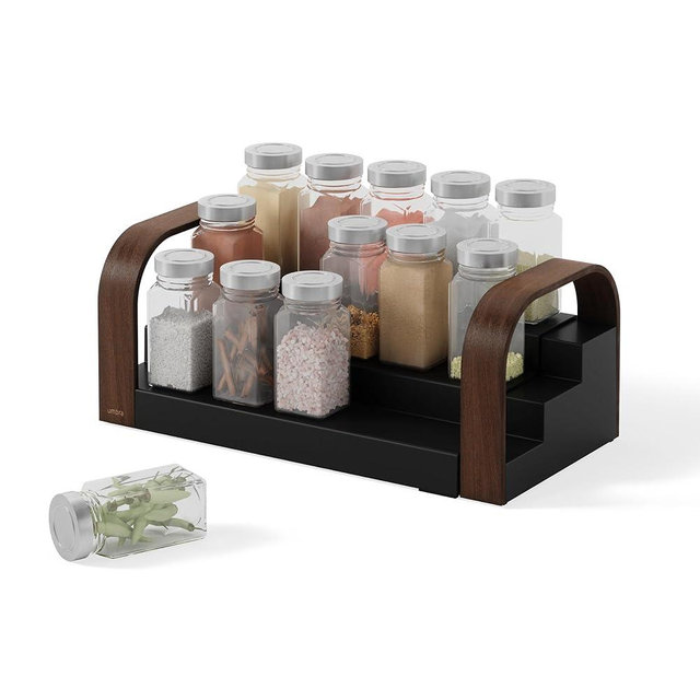 Umbra Bellwood Three-Tier Spice Shelf, Expandable Design Made of Durable Plastic and Wood, Black/Walnut