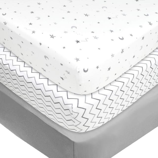 American Baby Company 3 Piece 100% Natural Cotton Jersey Knit Fitted Pack N Play Playard Sheet, Grey Star/Zigzag, for Boys and Girls
