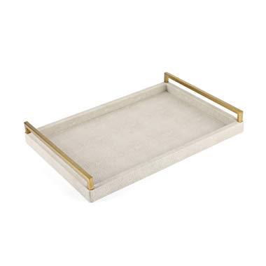 WV Faux Shagreen Decorative Tray PU Leather with Brushed Ti-Gold Stainless Steel Handle (Ivory)