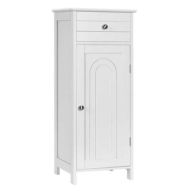 Tangkula Bathroom Floor Cabinet, Wooden Side Storage Organizer Unit, Free-Standing Single Door Floor Storage Cabinet with Large Drawer & 2 Adjustable Shelves for Bedroom Living Room (White)