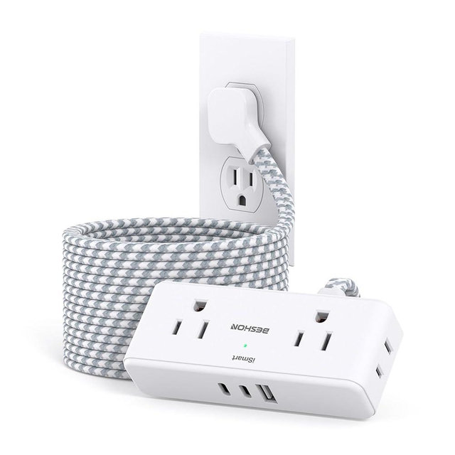 Extension Cord 15 ft, BESHON Flat Plug Power Strip, Long Power Strip, 4 Widely Outlets with 3 USB Ports (2 USB C), Extension Cord with Multiple Outlets for Home, Office, Dorm Room Essentials