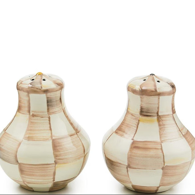 MacKenzie-Childs Check Enamel Salt & Pepper Shaker Set in Mocha