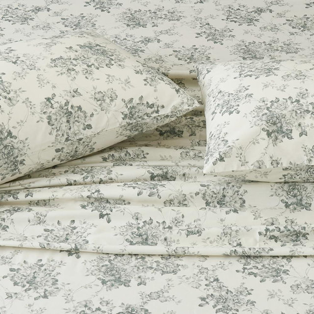 DAUAOTO 100% Cotton Bedding Printed Sheets Set for King Size Bed Up to 14" Deep Mattress, Toile Rose Floral Pattern Bedlinen Sets, Gray