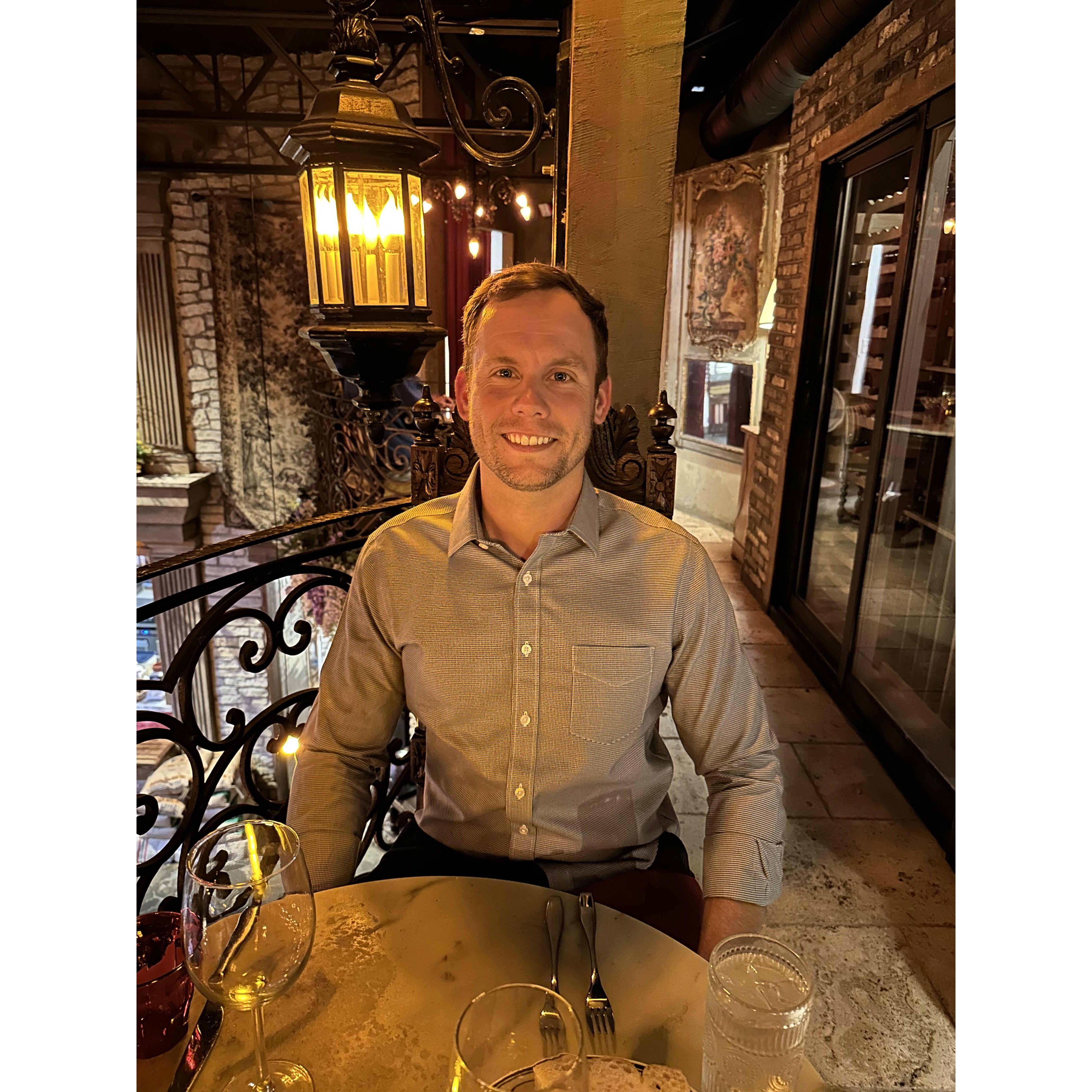 At dinner, post-proposal, and prior to the engagement party that I was not privy to. Throughout dinner, I kept telling Tyler that I just wanted everyone to be with us to celebrate.