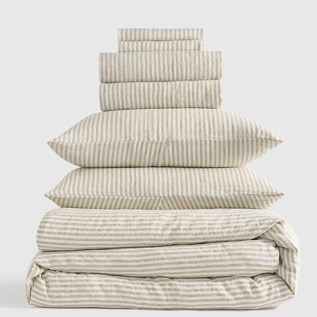 European Linen Stripe Deluxe Bedding Bundle - Willowleaf/White Stripe, King