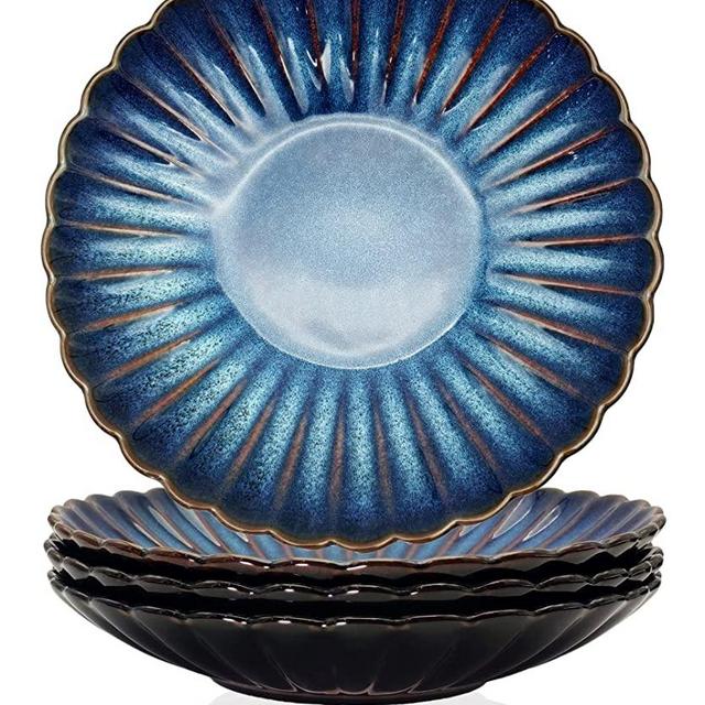 YA JU Salad Pasta bowls, Serving, Dinner etc, Plate/Wide Bowl(4 pieces) 20 oz , Microwave, Oven, Dishwasher Safe Kitchen Dinnerware,Modern Porcelain Dishes(Sea blue 8.5 inch Pasta bowls)