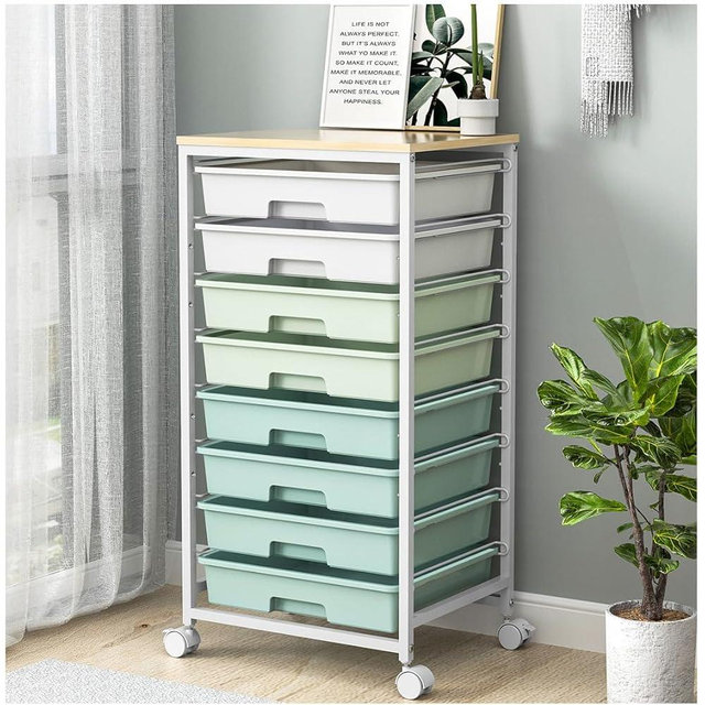 Rolling Storage Utility Cart Organizers with 8 Drawers and Wooden Tabletop for Living Room,Office,Classroom,Craft Room,Bedroom,Dorm,Green
