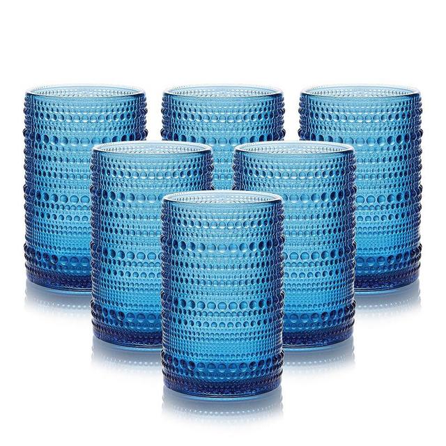 HomeVogue 15 oz Blue Hobnail Drinking Glasses with Straws Set of 6, Vintage Glassware Old Fashioned Beverage Glasses, Cocktail Glass Set, Kitchen Water Glasses Cup, for Beer, Smoothie, Juice