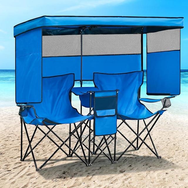 WTVIDAS Double Camping Chair with Canopy Shade Beach Chairs with Cup Holder Heavy Duty Folding Loveseat for Outside Lawn Patio