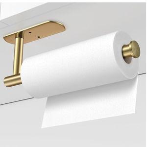 VAEHOLD Self Adhesive Paper Towel Holder Under Cabinet Mount, Wall Mounted Paper Towel Roll Holder for Kitchen, Bathroom, Wall - SUS304 Stainless Steel (Gold)