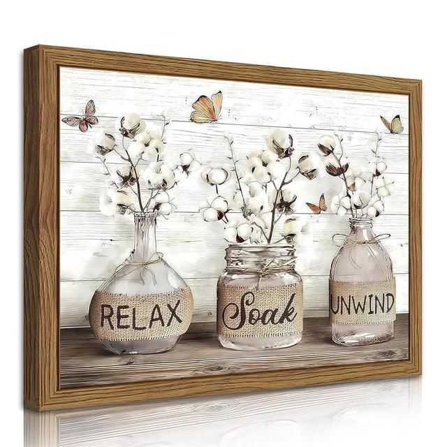 Farmhouse Bathroom Decor Wall Art, Framed Rustic Cotton Pictures Canvas Wall Decor Painting, Modern Country Relax Soak Unwind Sign Artwork Posters Prints for Bathroom 16x24In Dark Wood Frame