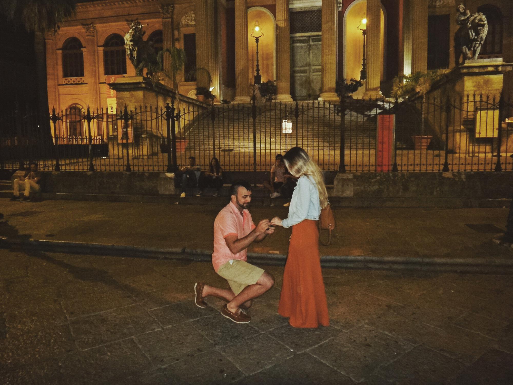John proposing in front of Teatro Massimo in Palermo, Sicily. 9.2.18