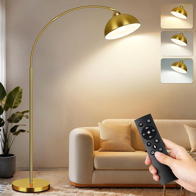 LANICHO Arc Floor Lamps for Living Room, Modern Tall Lamp with Remote Control and Stepless Dimmable 9W LED Bulb, Over Couch Arched Reading Lamp for Bedroom, Office(Gold)