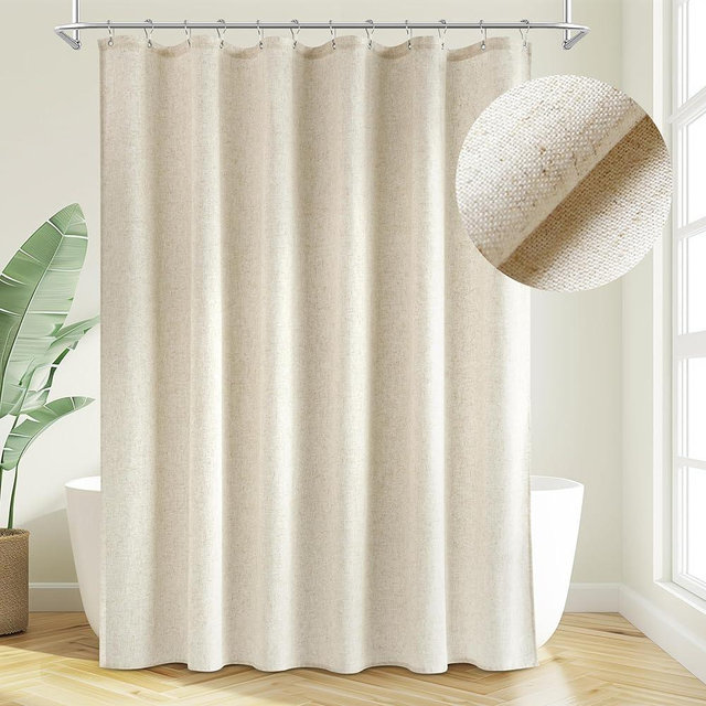 Jowels Cream Linen Shower Curtain, Boho Farmhouse Shower Curtain Set for Bathroom, 180GSM Luxury Weighted Water Resistant Fabric Textured Shower Curtains with 12 Metal Hooks, 72Wx72H