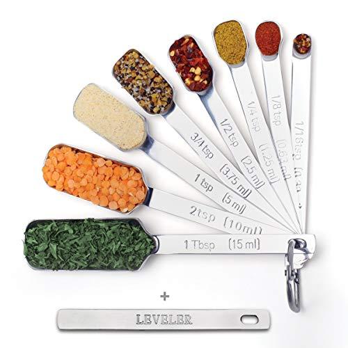 2lbDepot Measuring Spoons, Set of 9 Includes Leveler, Chrome Finish, Premium Heavy-Duty Stainless Steel, Narrow, Long Handle Design Fits in Spice Jar