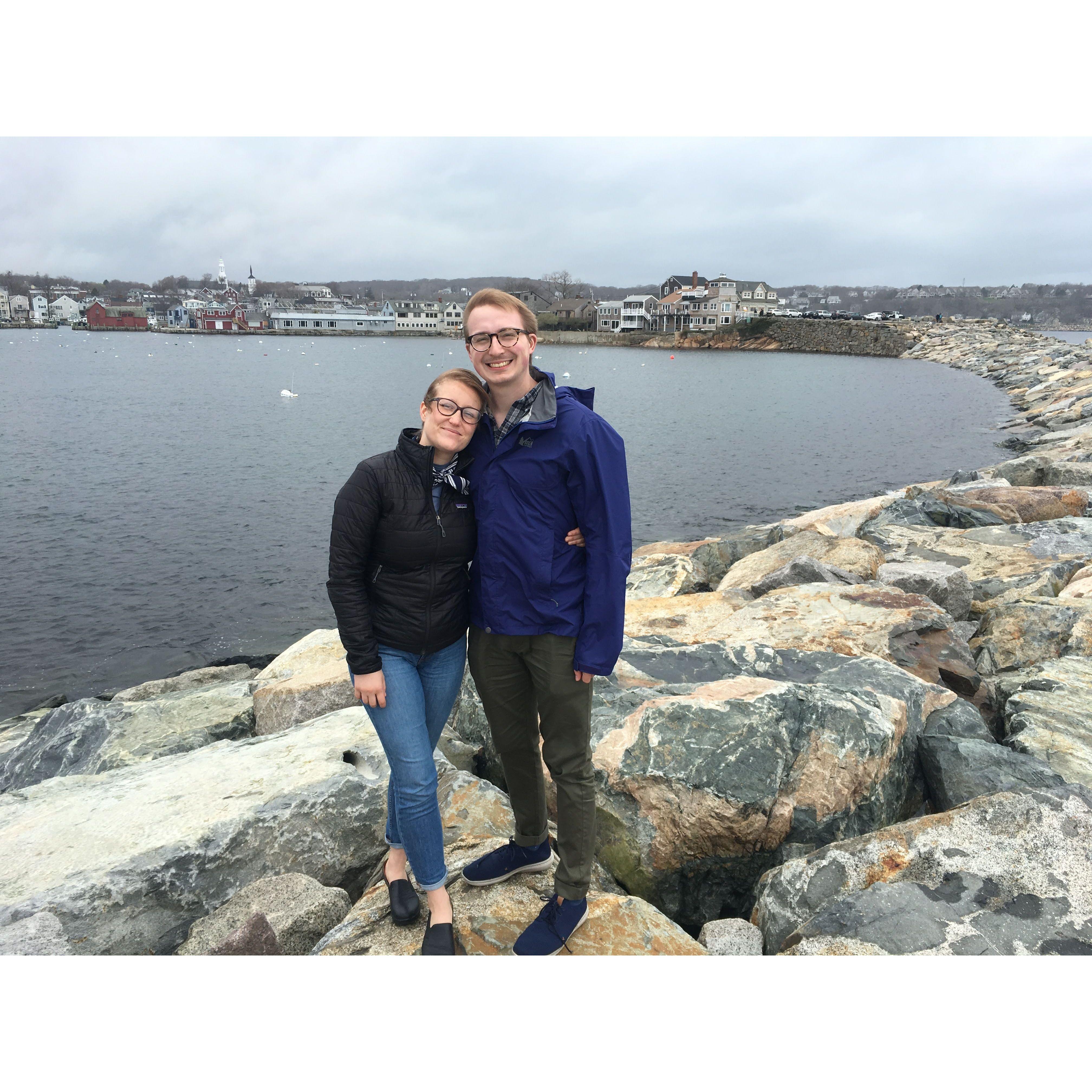 In the final days of chemo and before radiation started, Madison and Quinn took trips around Massachusetts. Here we are in Rockport, where we got matching dog hats.