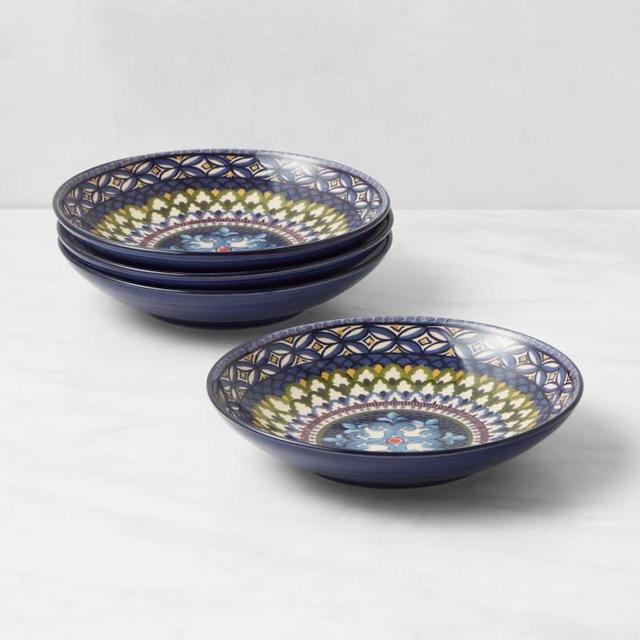Sicily Ceramic Pasta Bowls, Green & Blue, Set of 4