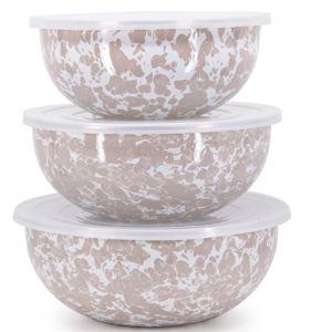 Golden Rabbit Enamelware Nested Mixing Bowls with Lids, Set of 3, Taupe Swirl