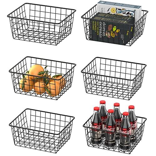 Wire Basket, Warmfill 6 Pack Wire Baskets for Storage Durable Metal Basket Pantry Organizer Storage Bin Baskets for Kitchen Cabinets, Pantry, Bathroom, Countertop, Closets, Black