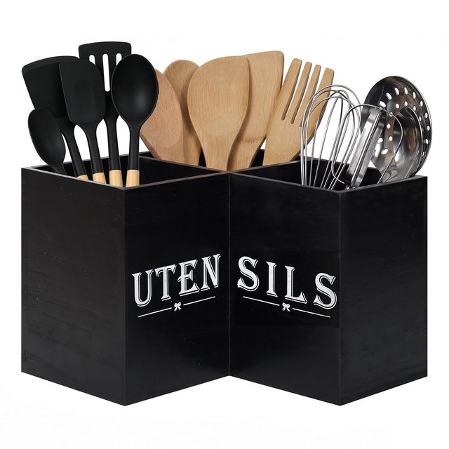 Top-spring Extra Large Utensil Holder for Kitchen Counter - Wooden Cooking Utensils Holder - Rustic Farmhouse Decor Kitchen Corner Utensil Organizer with 3 Compartment, Black Wood Utensil Caddy