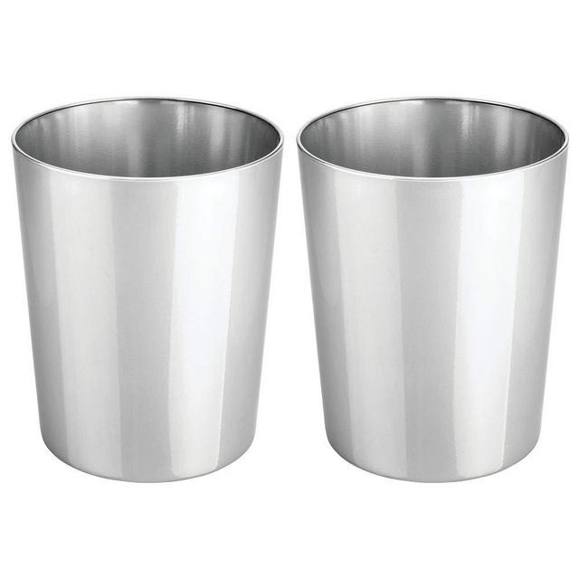 mDesign Round Metal Small Trash Can Wastebasket, Garbage Container Bin for Bathrooms, Powder Rooms, Kitchens, Home Offices - Durable Steel, 2 Pack - Chrome