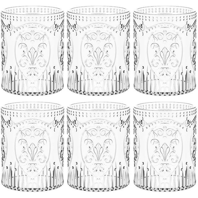 Qinyoung 6 Plastic Drinking Glasses 8.5oz Vintage Stemless Wine Glasses Retro Embossed Wine Glasses Shatterproof Reusable Plastic Wine Cups for Baby Shower Wedding Reception Grand Event Party (Clear)