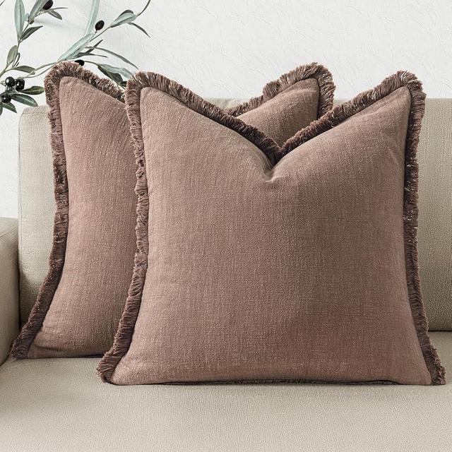 Woaboy Set of 2 Decorative Linen Fringe Throw Pillow Covers Boho Farmhouse Cushion Covers Accent Pillowcases with Tassels for Living Room Couch Sofa Bed Chair, 18x18 Inch,Dark Coffee