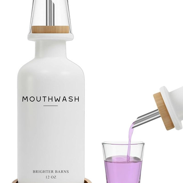 White Glass Mouthwash Dispenser for Bathroom by Brighter Barns - Mouth Wash Dispensers with Stainless Steel Spout, Mouthwash Cup, Tray - Minimalist Bathroom Decor for Hotel, Spa, Dental Office (White)