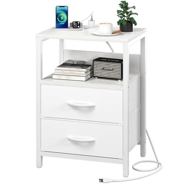 Yoobure Nightstand with Charging Station, Small Night Stand with Fabric Drawers and Storage Shelf for Bedrooms, Nightstands for Small Spaces, Bedside Table with USB Ports & Outlets, Bed Side Table