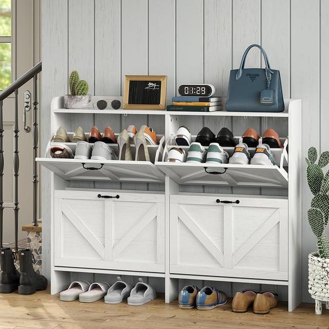 furomate Shoe Storage Cabinet with 4 Flip Drawers, Freestanding Shoe Rank, Shoe Cabinet with Mental Legs for Entryway, Slim Shoe Cabinet (Off White)