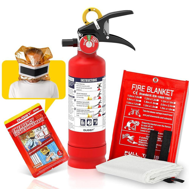 Ougist 3 Pieces Fire Extinguisher Kit for Home Kitchen and Car – Includes 2.5 lb ABC Dry Powder Fire Extinguisher with Quick-Release Handle, Emergency Smoke Hood and Fire Blanket