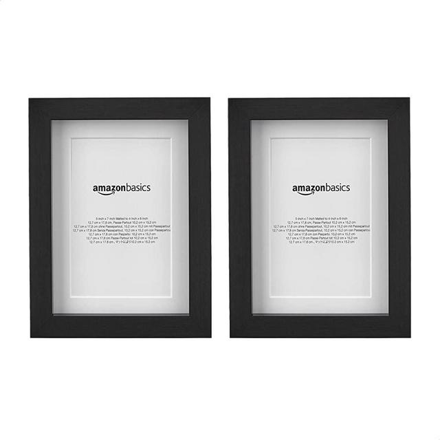 Amazon Basics 5" x 7" Photo Picture Frame or 4" x 6" with Mat - Black, 2-Pack