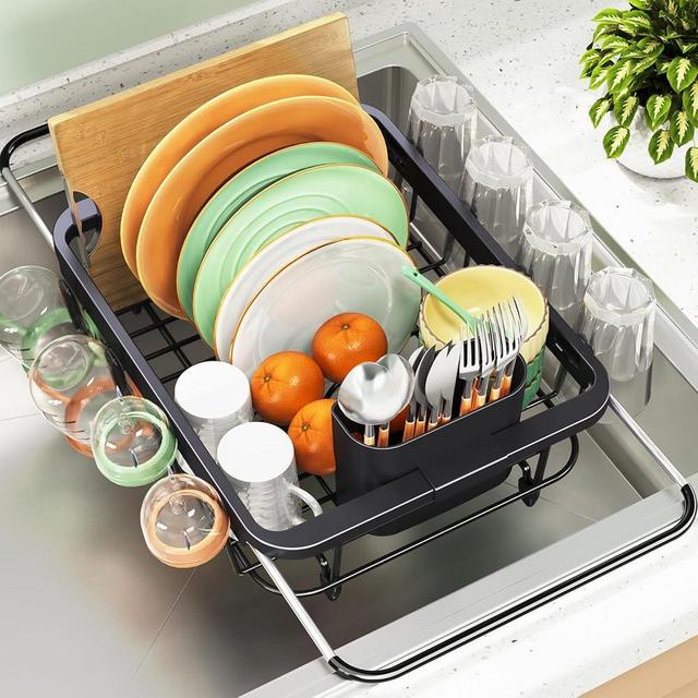 Expandable Dish Drying Rack Over The Sink, Adjustable Dish Rack in Sink, Rustproof Dish Drainer for Kitchen Counter, Dish Strainer with Utensil Holder, Standard Size
