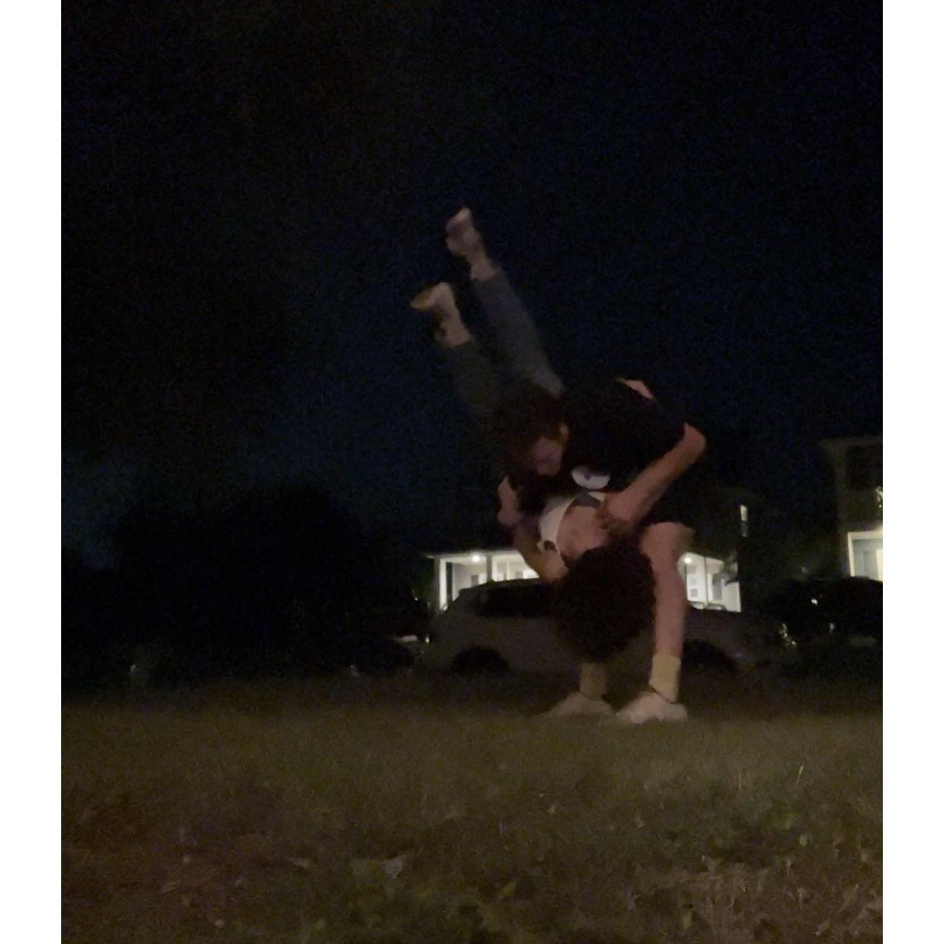 Trinity is head over heels for Will, literally and figuratively! Dancing together always includes wild new tricks, like this attempt to flip backwards mid-dance.