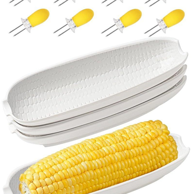 Ceramic Corn Cob Holders, 9" Corn on the Cob Dishes Set of 4, White Corn Cob Dishes with Non-Slip Bottom, With 8 Corn Cob Holders, Microwave Dishwasher Oven Safe