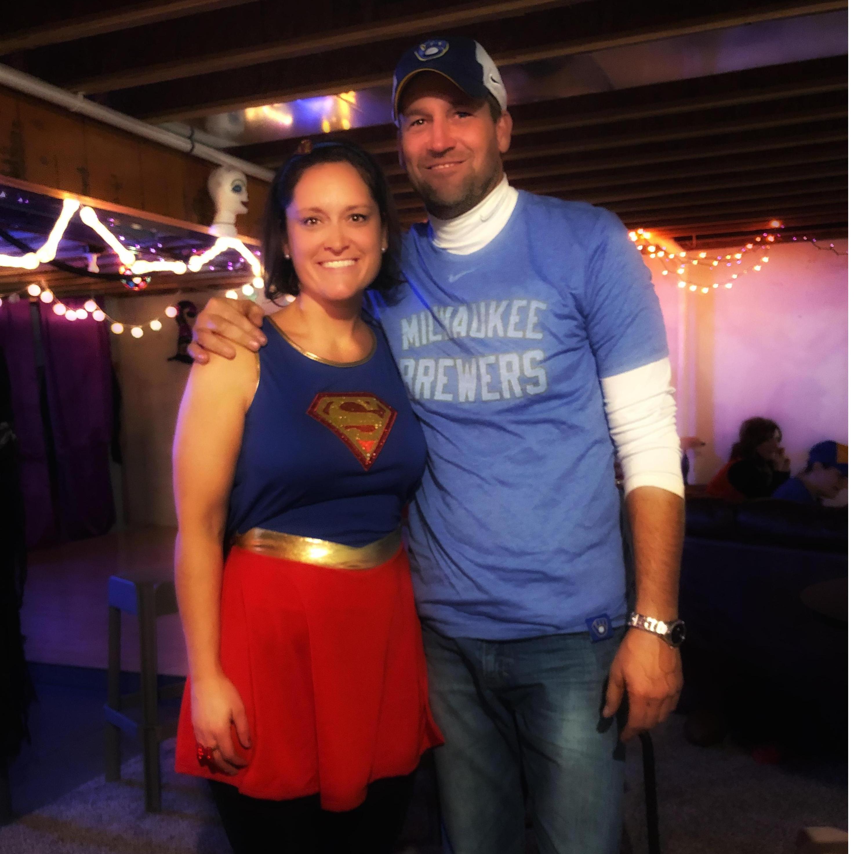 Halloween 2018. Supergirl and a Brewers fan 🤣 Brewers lost and were out of the World Series running.