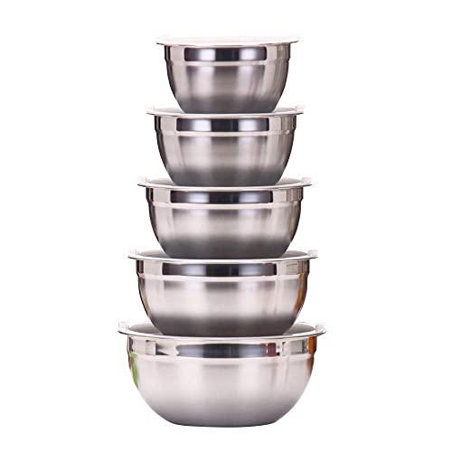 WEZVIX Mixing Bowl Set of 5 with Airtight Lids, Stainless Steel Nesting Storage Bowls Easy Clean, 7-5-4-3.5-1.5 QT Great for Healthy Meal Mixing, Prepping