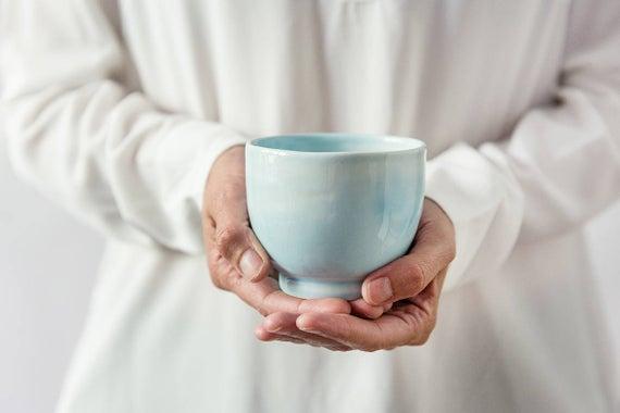 2 Light Blue Ceramic Matcha Tea Bowls, 2 Pottery Coffee Mugs, Ice Cream Bowls Set, Ceramic Tumblers Cups, Modern Pottery Gift, New Home Gift