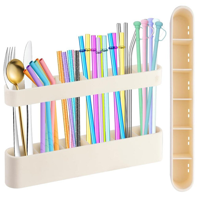 9.6'' Large Straw Holder for Cabinet Door, Soft Silicone Straw Organizer Storage Container with Double Sided Adhesive Tape, Space-Saving Kitchen Organizer Accessories for Cabinet Cupboard Counter RVs