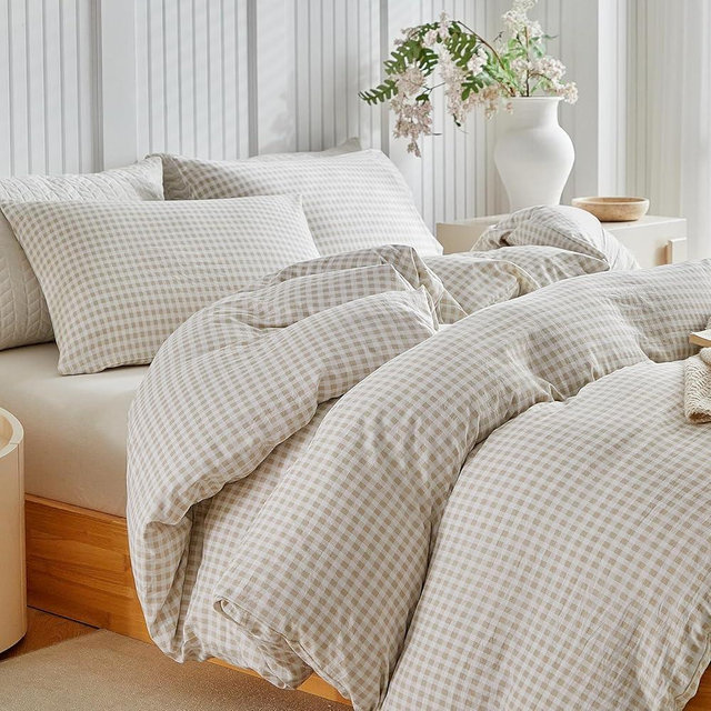 DuShow Gingham Queen Duvet Cover Set,Brown Tan Plaid Checkered Washed Microfiber Comforter Cover Set, 3 Pieces Soft Reversible Grid Bedding Set(Brown,Queen)