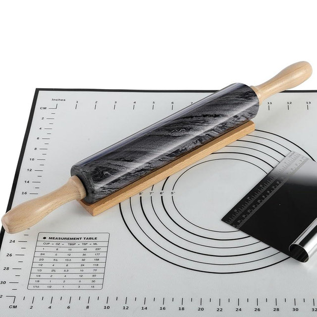 African Natural Marble Rolling Pin, Non-Stick Polished Dough Roller, Pasta, Dumpling, Fondant, Pie Crust, Bread, Pizza Dough, Kitchen Baking Pastry Tools with Mat/Scraper(Monte Grigio)
