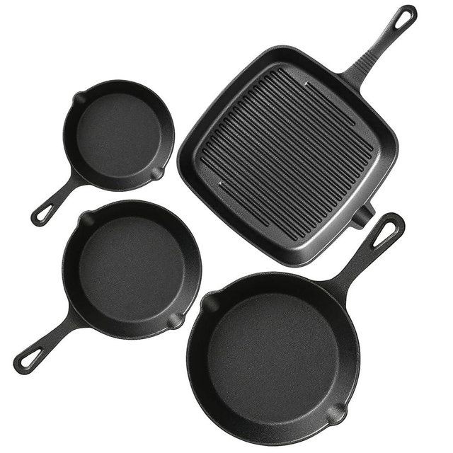 YIYOBEATFO Pre-Seasoned Cast Iron skillets,4 Piece Durable Pots and Pans Set with Handle Covers for Grill, BBQ, Camping Fire, Stovetop, Kitchen and Camping Cookware
