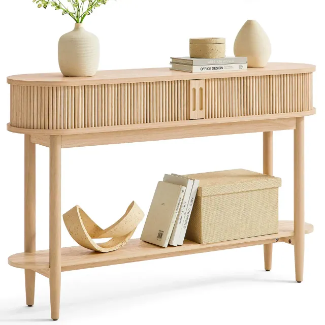 Fluted Console Table with Storage, Wood Entryway Table Behind Couch Sofa Table with Shelves, Foyer Entrance Tables for Living Room Oak 47.6
