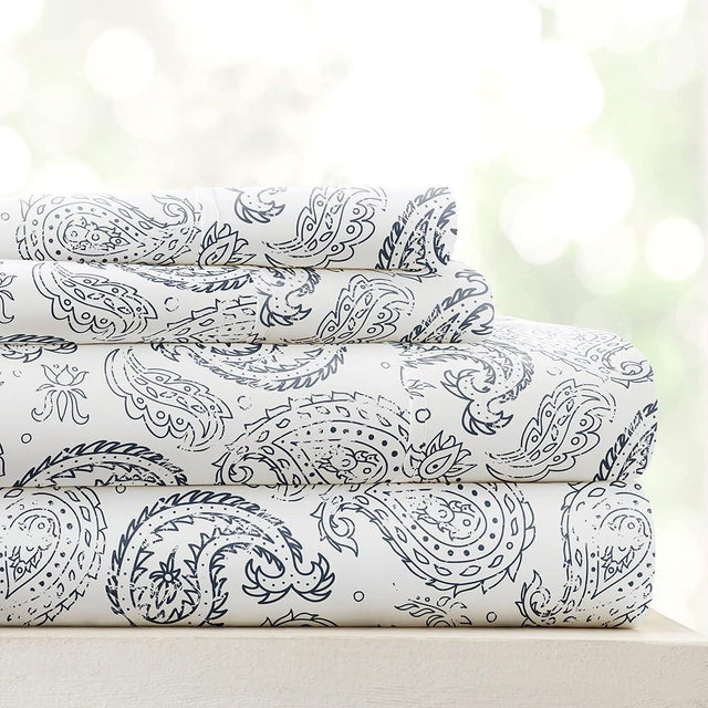 Linen Market 4 Piece King Sheet Set - Breathable, Double-Brushed Patterned Cooling Sheets – Oeko-TEX Certified Ultra Soft & Wrinkle-Free 16" Deep-Pocket King Sheets - Easy Care Coarse Paisley Navy