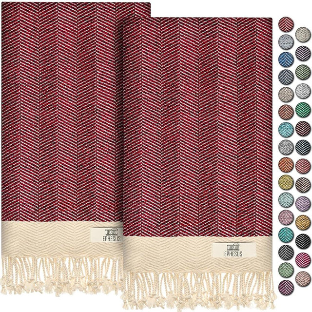 EPHESUS TOWELS Turkish Hand Towels - Set of 2 | 18" x 30" Decorative Boho Guest Bath Towel for Bathroom, Kitchen, Face, Hair, Tea, Dishcloth (Herringbone, Red)